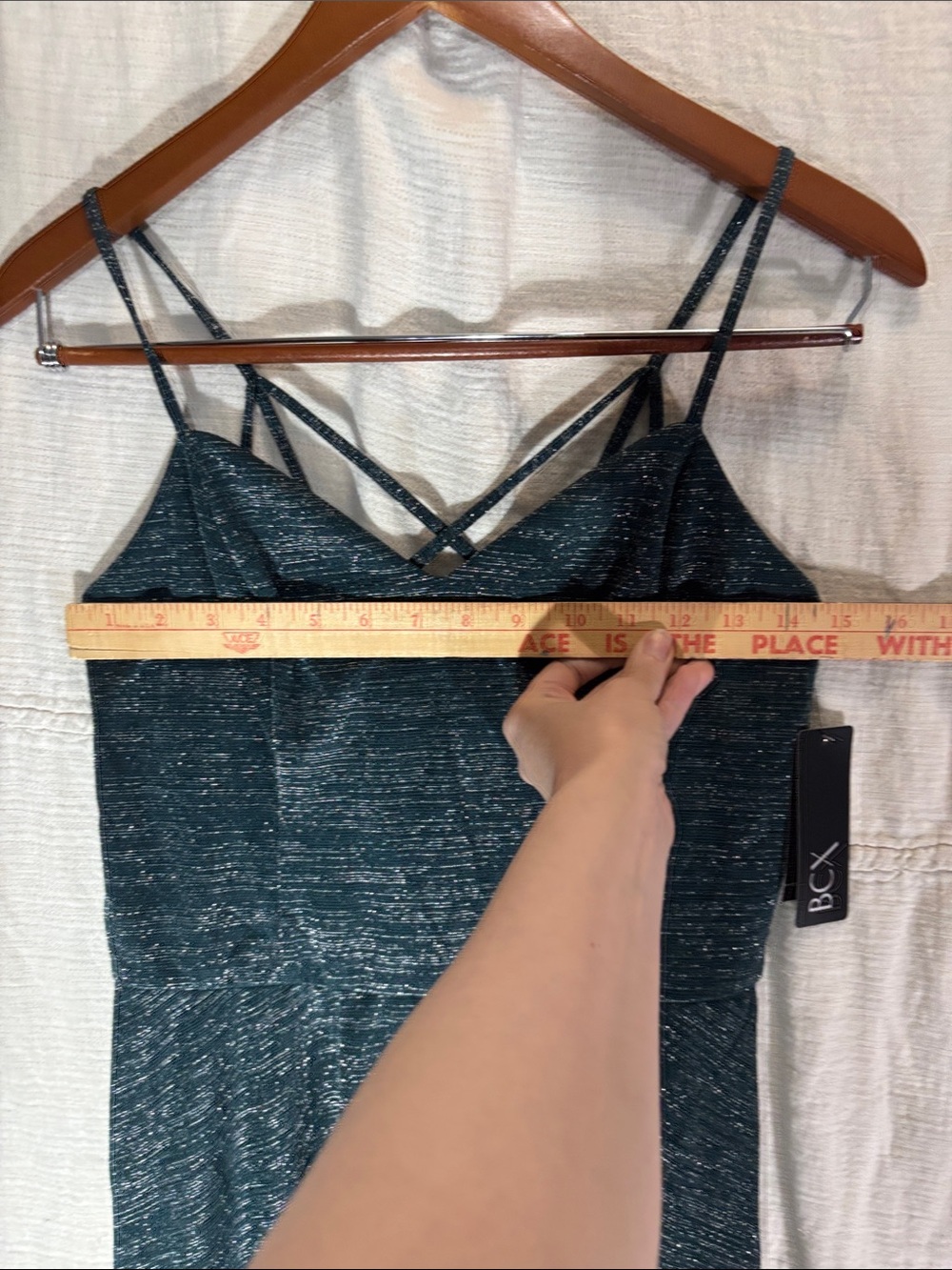 BCX Hunter Green Shimmer Strappy Fit-and-Flare Mini Dress Spaghetti straps - Picture 7 of 9